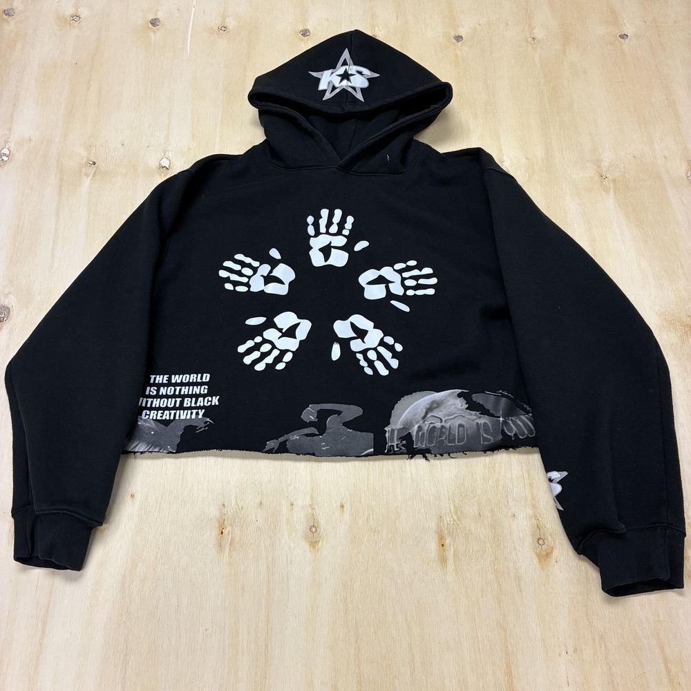 KS Hoodie Womens Medium Black Fleece Cropped Handprint Graphic Pullover